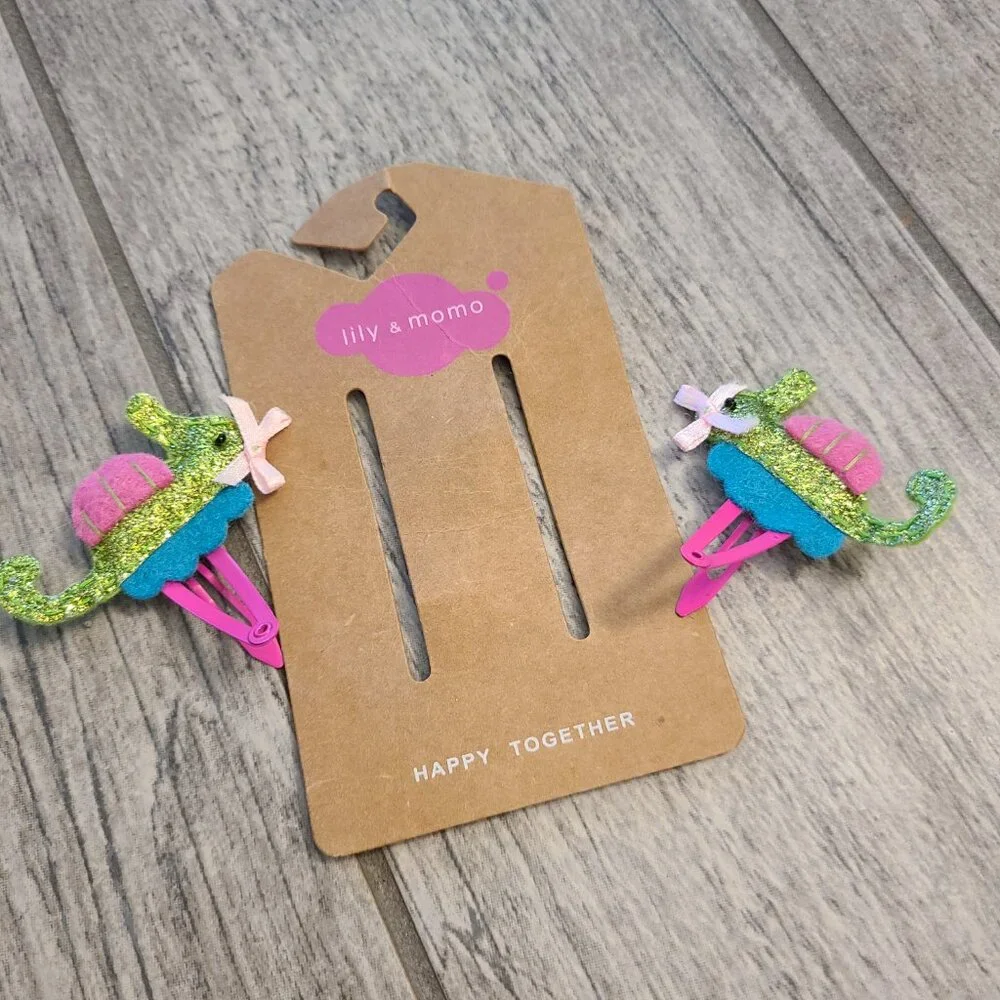 Lily & Momo Seahorse Girls Hair Clips Glitter Felt Barrettes Set of 2 NEW